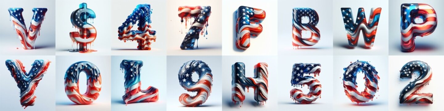 glass letters in color USA flag 3D Lettering Typeface. AI generated illustration
