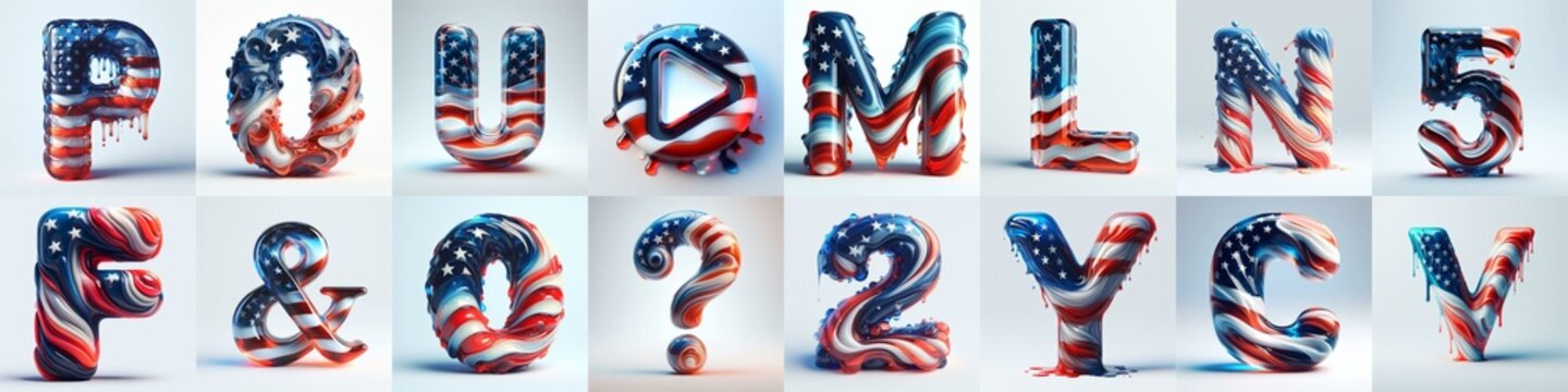 glass letters in color USA flag 3D Lettering Typeface. AI generated illustration
