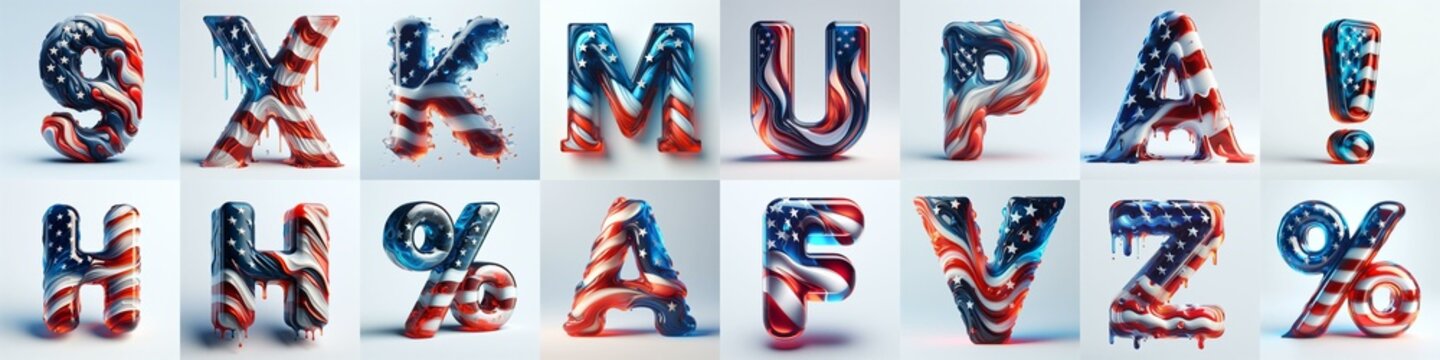 glass letters in color USA flag 3D Lettering Typeface. AI generated illustration