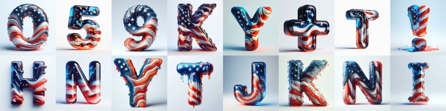 glass letters in color USA flag 3D Lettering Typeface. AI generated illustration