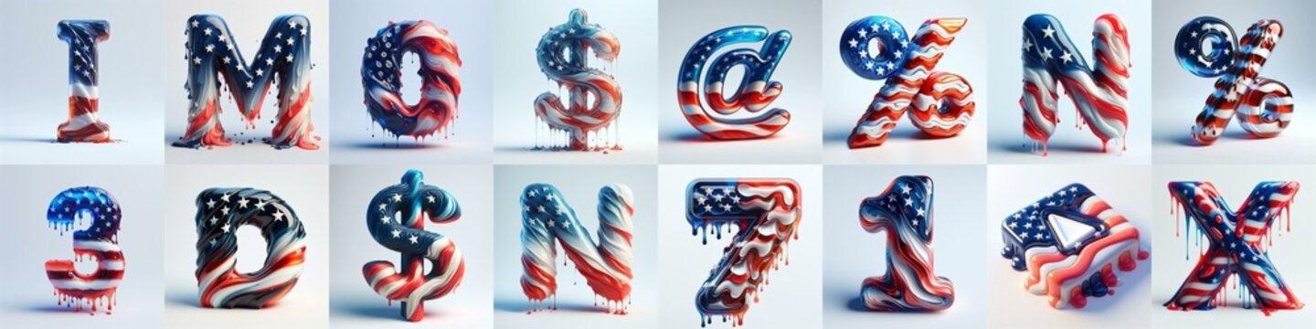 glass letters in color USA flag 3D Lettering Typeface. AI generated illustration