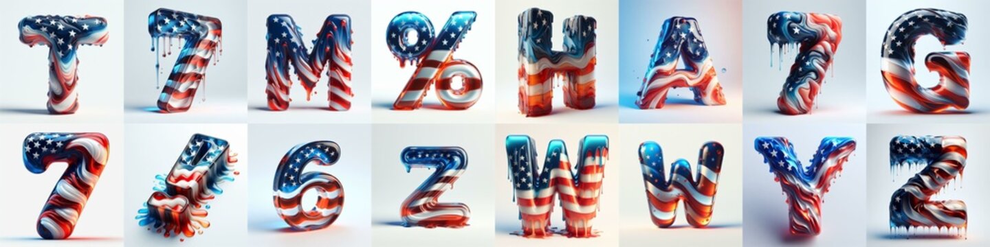 glass letters in color USA flag 3D Lettering Typeface. AI generated illustration