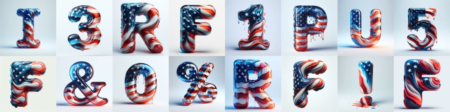 glass letters in color USA flag 3D Lettering Typeface. AI generated illustration