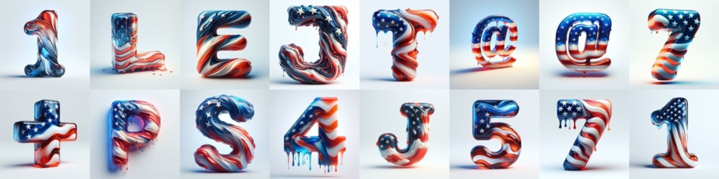 glass letters in color USA flag 3D Lettering Typeface. AI generated illustration