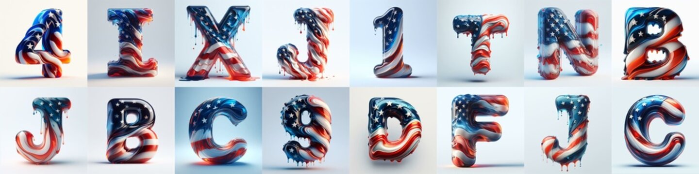 glass letters in color USA flag 3D Lettering Typeface. AI generated illustration