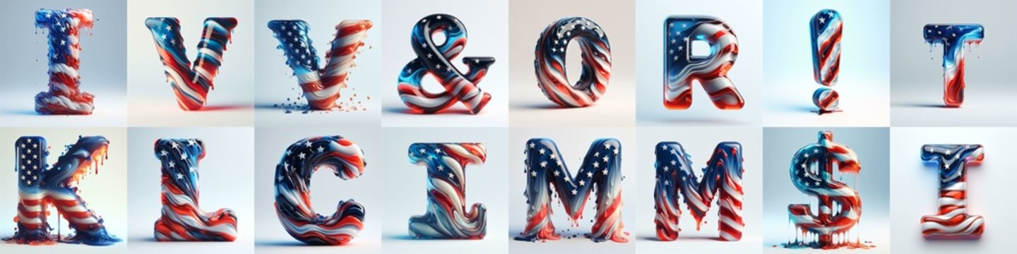 glass letters in color USA flag 3D Lettering Typeface. AI generated illustration