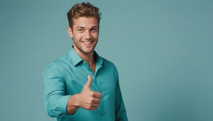 Wall Mural - A beaming man in teal shirt giving a thumbs up, blue background behind him.