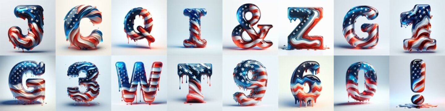 glass letters in color USA flag 3D Lettering Typeface. AI generated illustration