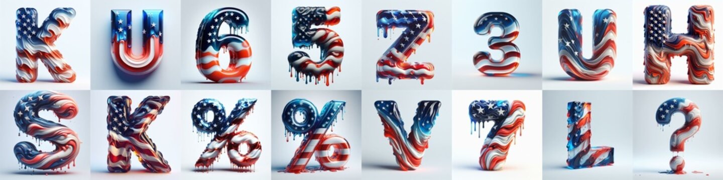 glass letters in color USA flag 3D Lettering Typeface. AI generated illustration