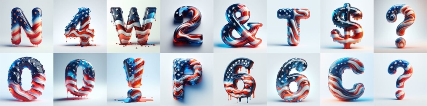 glass letters in color USA flag 3D Lettering Typeface. AI generated illustration