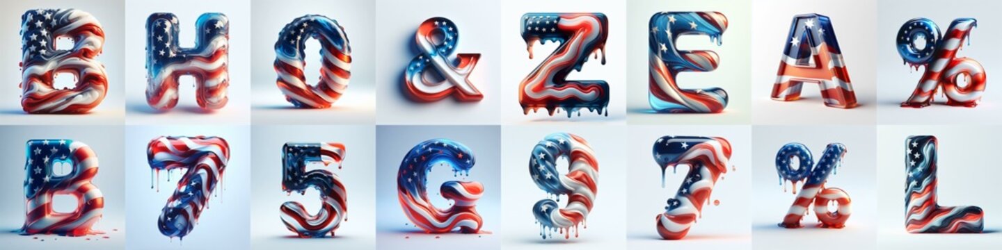 glass letters in color USA flag 3D Lettering Typeface. AI generated illustration
