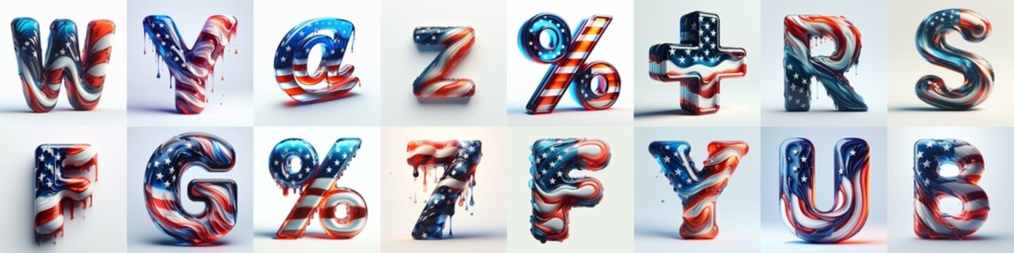 glass letters in color USA flag 3D Lettering Typeface. AI generated illustration