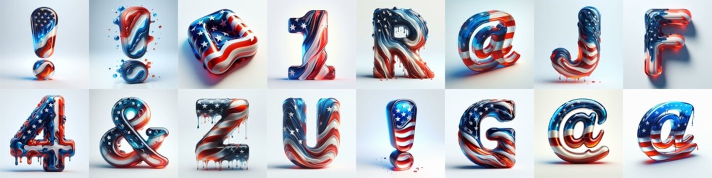 glass letters in color USA flag 3D Lettering Typeface. AI generated illustration