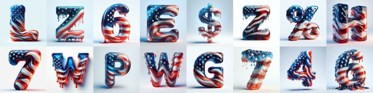 glass letters in color USA flag 3D Lettering Typeface. AI generated illustration