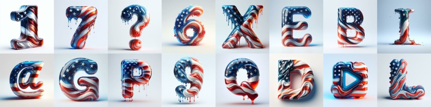 glass letters in color USA flag 3D Lettering Typeface. AI generated illustration