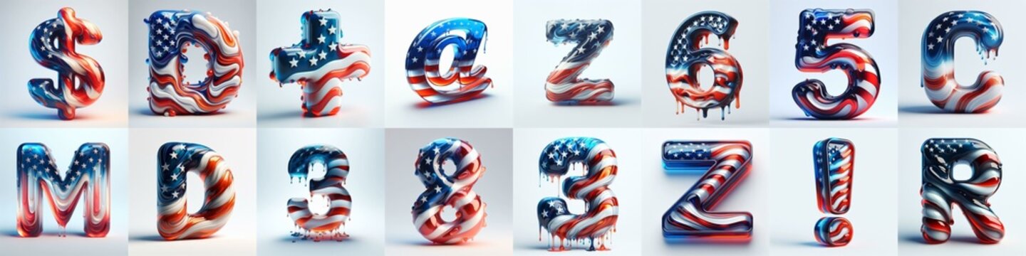 glass letters in color USA flag 3D Lettering Typeface. AI generated illustration