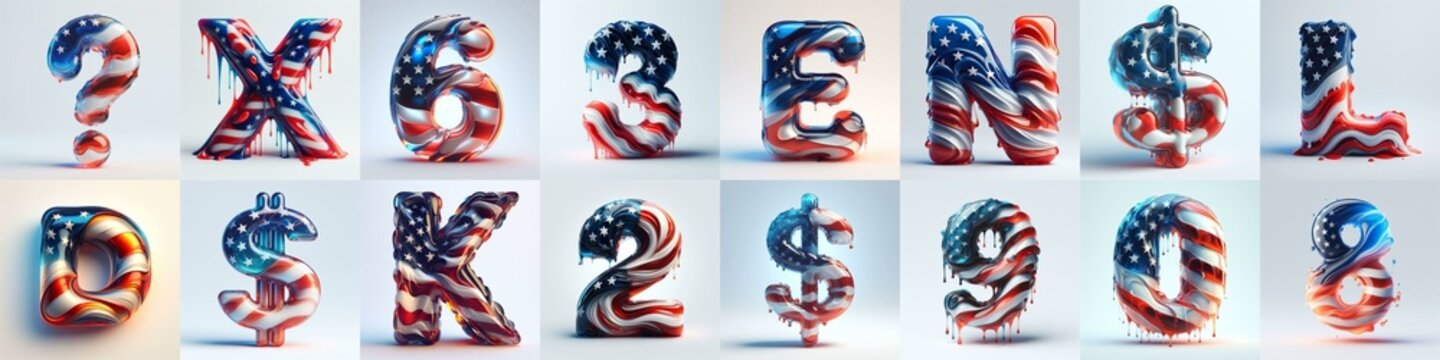 glass letters in color USA flag 3D Lettering Typeface. AI generated illustration