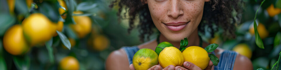 panoramic header with fresh citrus harvest in woman's hands