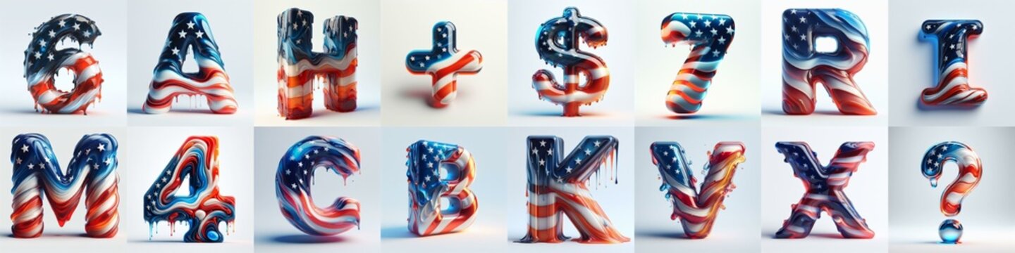 glass letters in color USA flag 3D Lettering Typeface. AI generated illustration