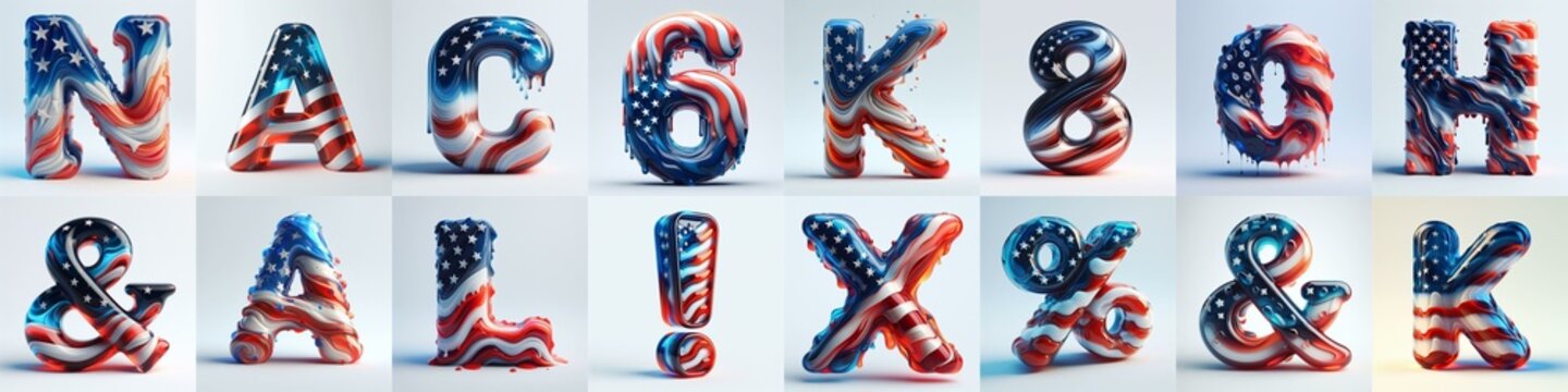 glass letters in color USA flag 3D Lettering Typeface. AI generated illustration