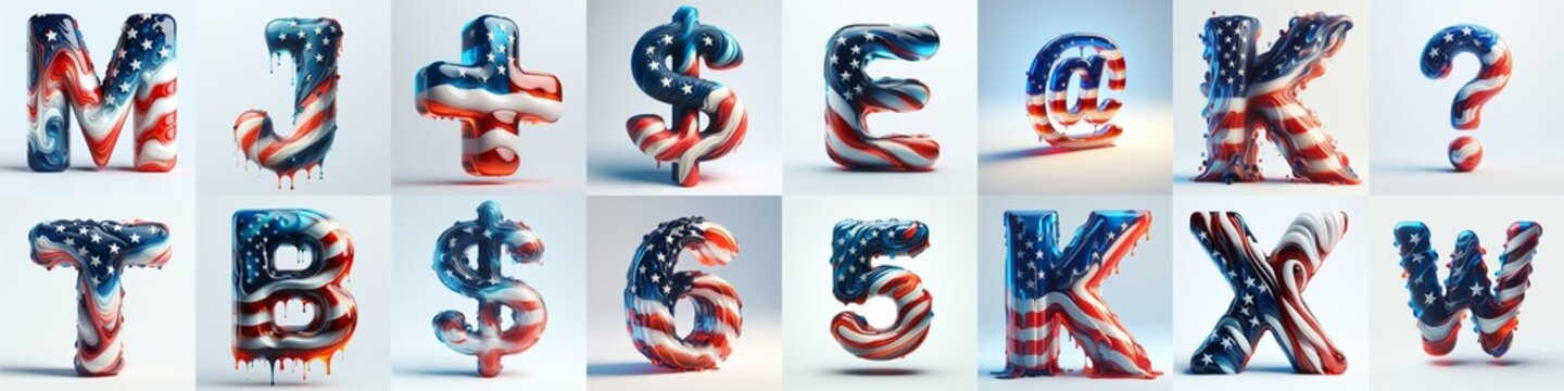glass letters in color USA flag 3D Lettering Typeface. AI generated illustration