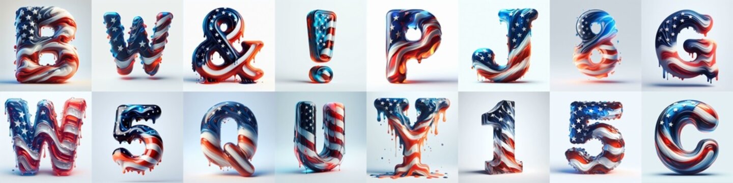 glass letters in color USA flag 3D Lettering Typeface. AI generated illustration