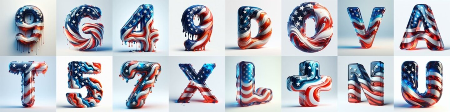 glass letters in color USA flag 3D Lettering Typeface. AI generated illustration