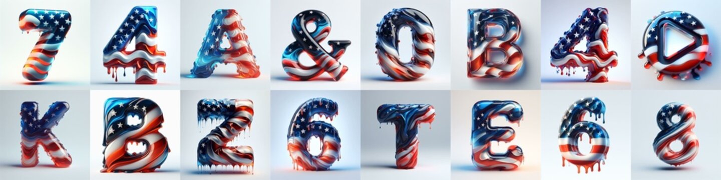 glass letters in color USA flag 3D Lettering Typeface. AI generated illustration