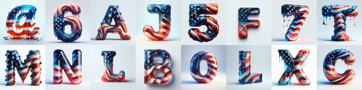 glass letters in color USA flag 3D Lettering Typeface. AI generated illustration