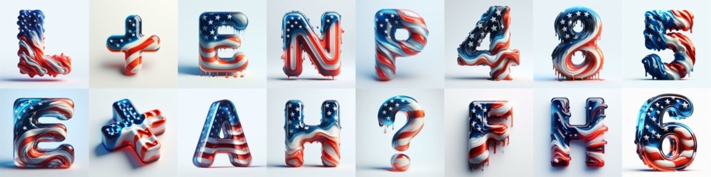 glass letters in color USA flag 3D Lettering Typeface. AI generated illustration
