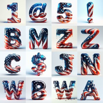 glass letters in color USA flag 3D Lettering Typeface. AI generated illustration