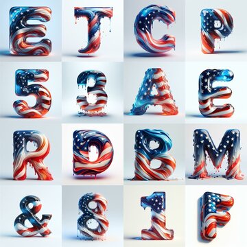 glass letters in color USA flag 3D Lettering Typeface. AI generated illustration