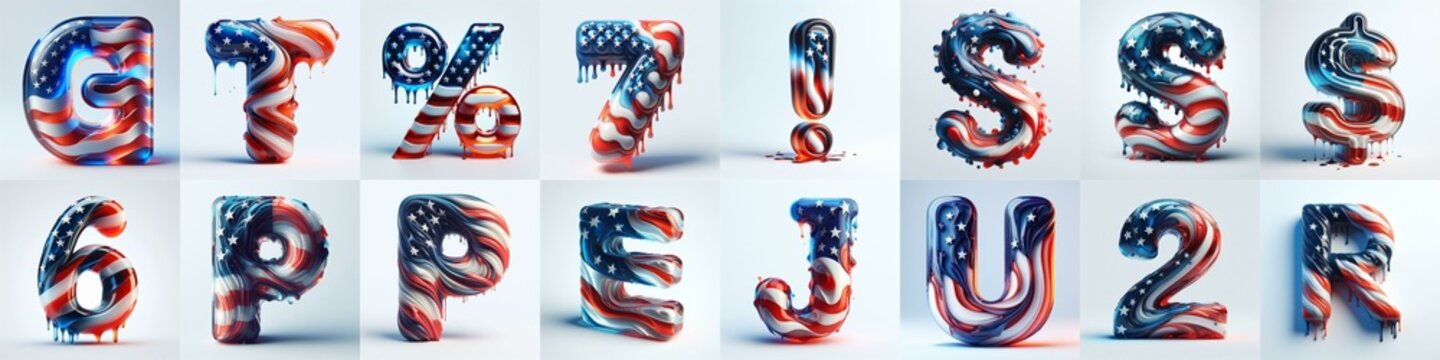 glass letters in color USA flag 3D Lettering Typeface. AI generated illustration