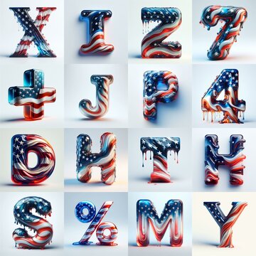 glass letters in color USA flag 3D Lettering Typeface. AI generated illustration