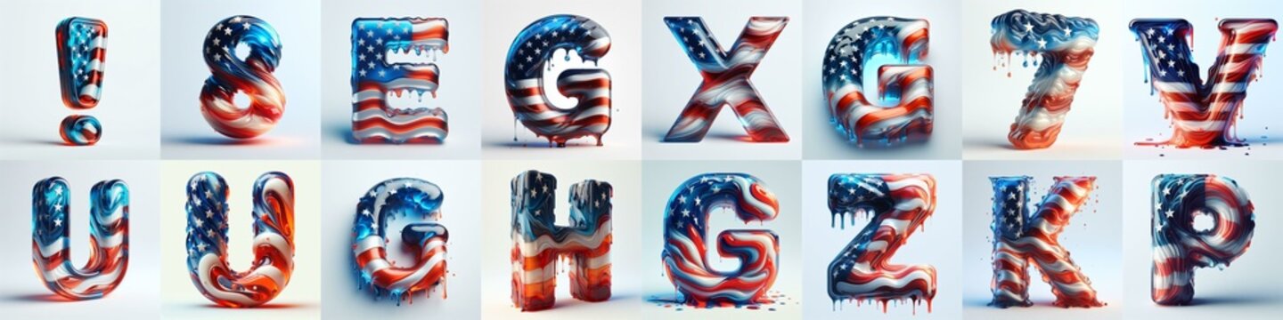 glass letters in color USA flag 3D Lettering Typeface. AI generated illustration