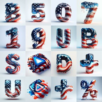 glass letters in color USA flag 3D Lettering Typeface. AI generated illustration