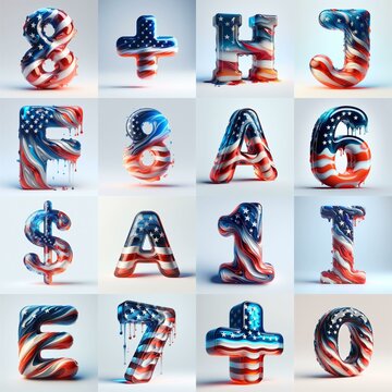 glass letters in color USA flag 3D Lettering Typeface. AI generated illustration