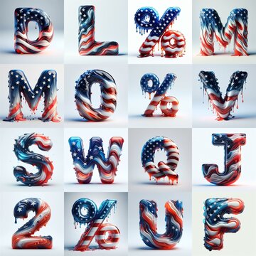 glass letters in color USA flag 3D Lettering Typeface. AI generated illustration