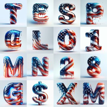 glass letters in color USA flag 3D Lettering Typeface. AI generated illustration