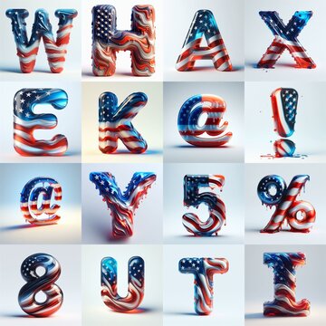 glass letters in color USA flag 3D Lettering Typeface. AI generated illustration