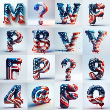 glass letters in color USA flag 3D Lettering Typeface. AI generated illustration
