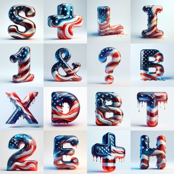 glass letters in color USA flag 3D Lettering Typeface. AI generated illustration