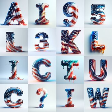 glass letters in color USA flag 3D Lettering Typeface. AI generated illustration