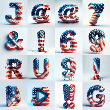 glass letters in color USA flag 3D Lettering Typeface. AI generated illustration