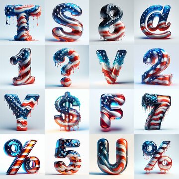 glass letters in color USA flag 3D Lettering Typeface. AI generated illustration