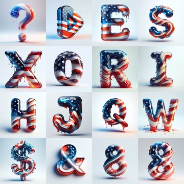 glass letters in color USA flag 3D Lettering Typeface. AI generated illustration