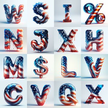 glass letters in color USA flag 3D Lettering Typeface. AI generated illustration