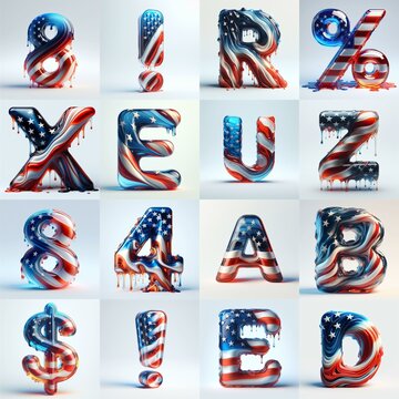 glass letters in color USA flag 3D Lettering Typeface. AI generated illustration