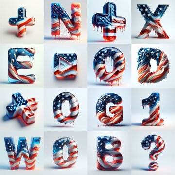 glass letters in color USA flag 3D Lettering Typeface. AI generated illustration