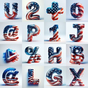 glass letters in color USA flag 3D Lettering Typeface. AI generated illustration